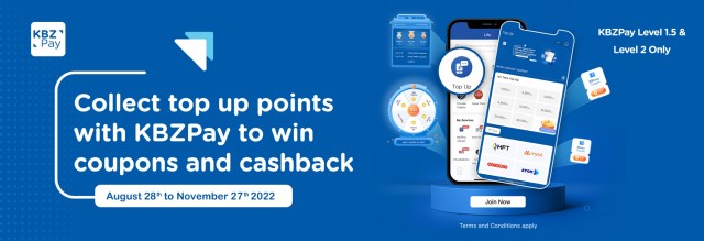 Collect top up points with KBZPay to win coupons and cashback